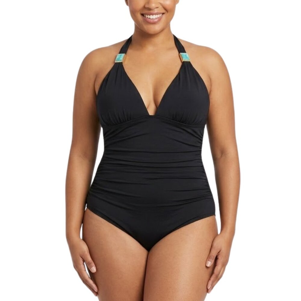 ViX Paula Hermanny Black One Piece Swimsuit Turquoise Stone Accent Halter Sz 12